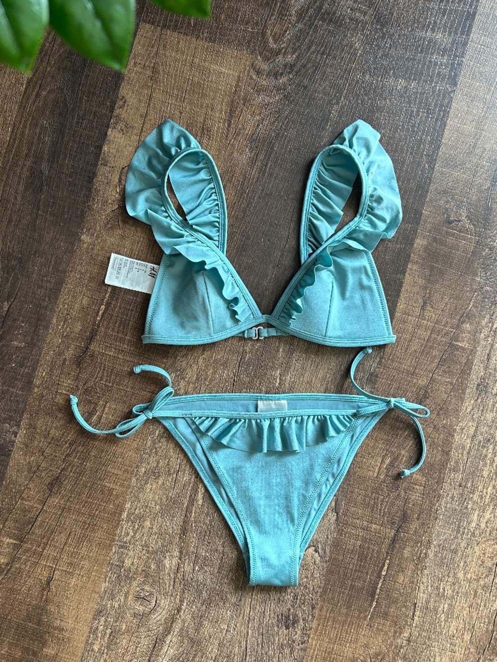 H&M famous ruffled bikini light teal blue swimwear Size 4 Size 6